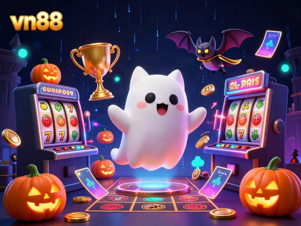 Win big with vn88's animated characters in a vibrant casino scene featuring slot games and action.