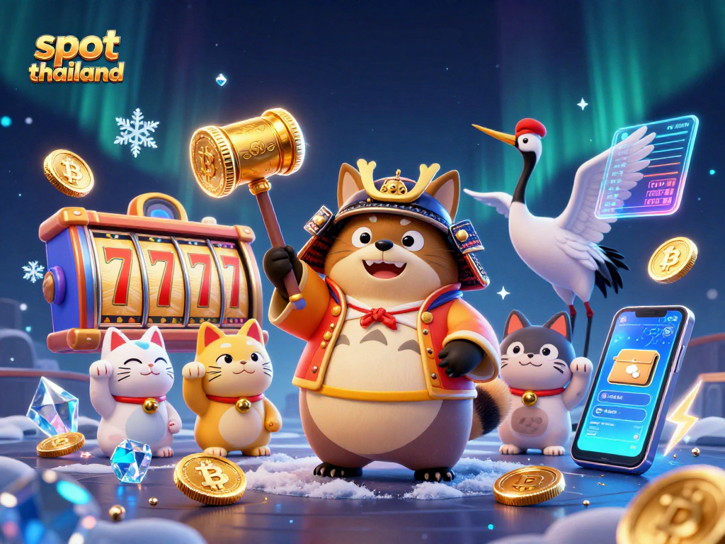 Engage in slot thailand with a cheerful tanuki and vibrant game elements in a festive setting.