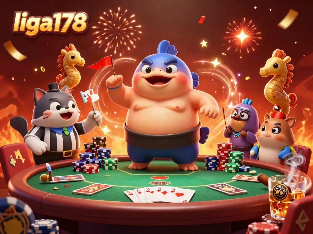 Fugu liga178 beraksi dalam ring bawah laut, dikelilingi elemen poker dan keriuhan spektator.