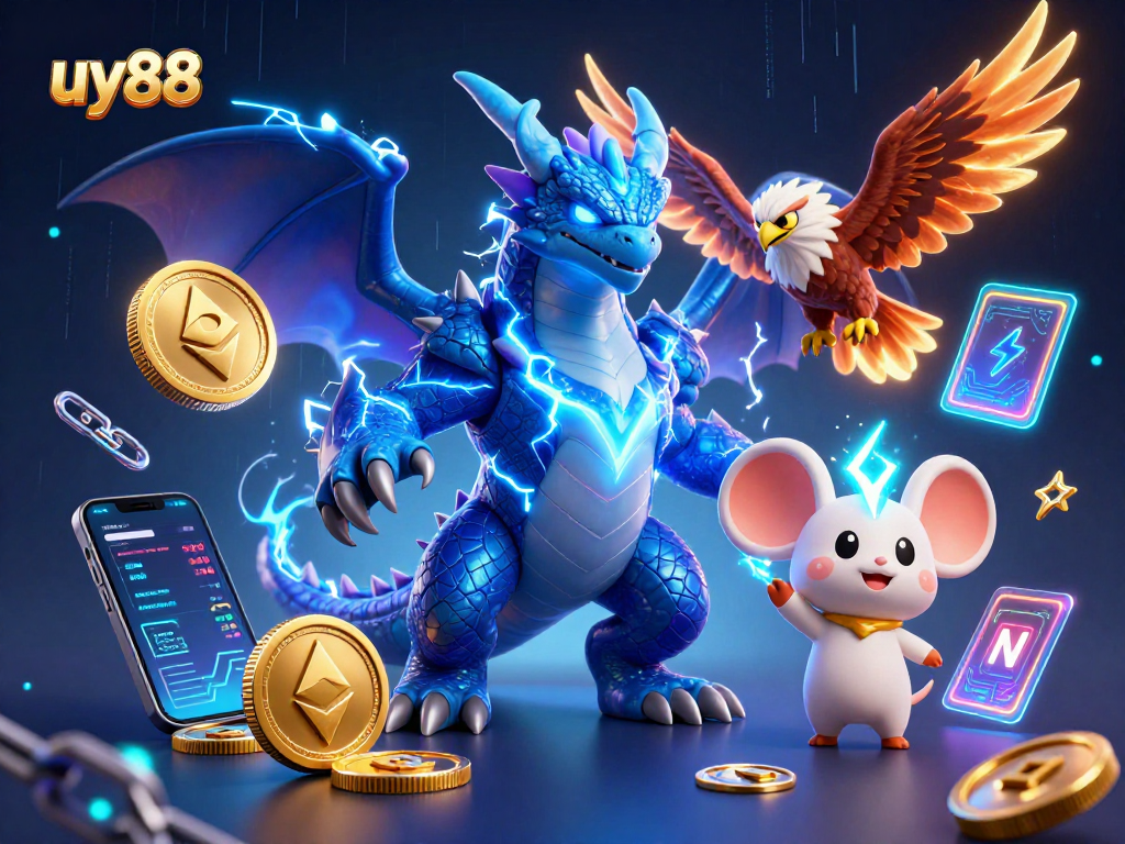 Engage with thrilling games at uy88 as a thunder dragon and a hawk soar over vibrant casino elements.