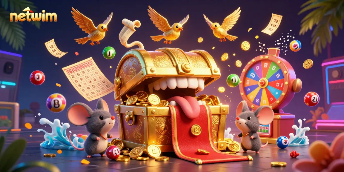 Experience netwim's thrilling online gambling atmosphere with vibrant lottery elements and golden treasures