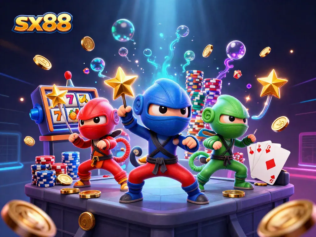 Synchronize with sx88: ninja chameleons showcase martial arts amidst slot reels and golden coins.