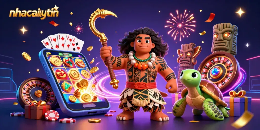 Engage in thrilling slot games with nhacaiuytin, featuring dynamic characters and vibrant casino elements.