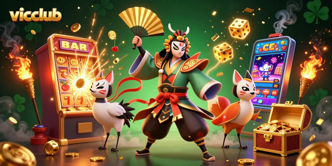 Experience the thrill of vicclub as the kabuki warrior unveils slot game excitement amidst vibrant casino symbols.