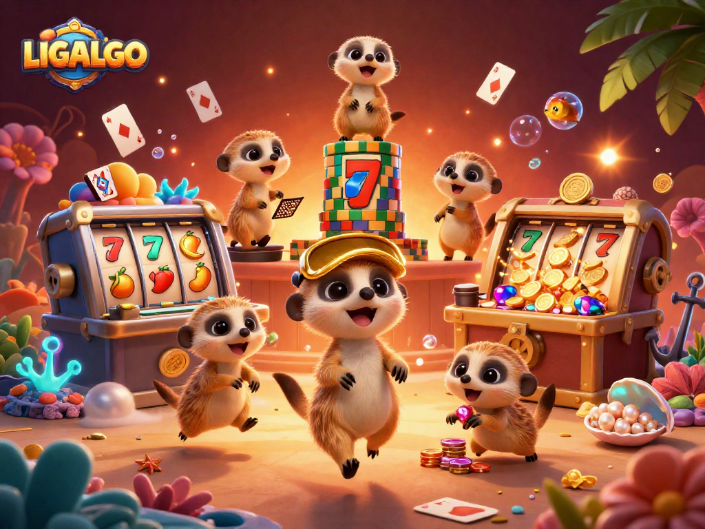 LIGALGO meerkats engage in a vibrant casino scene with spinning slots and treasures.
