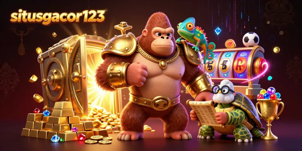 Situsgacor123 showcases a thrilling casino adventure scene with a powerful gorilla and a wise tortoise among sparkling treasures.