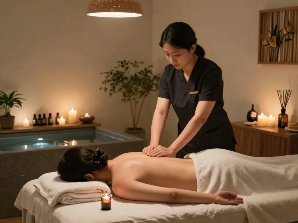 Enjoying a calming 하남출장마사지 in a serene therapy room with warm lighting.