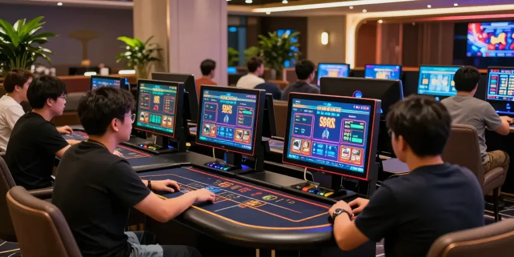 Players engaged in sgpslot betting at a modern gaming lounge.
