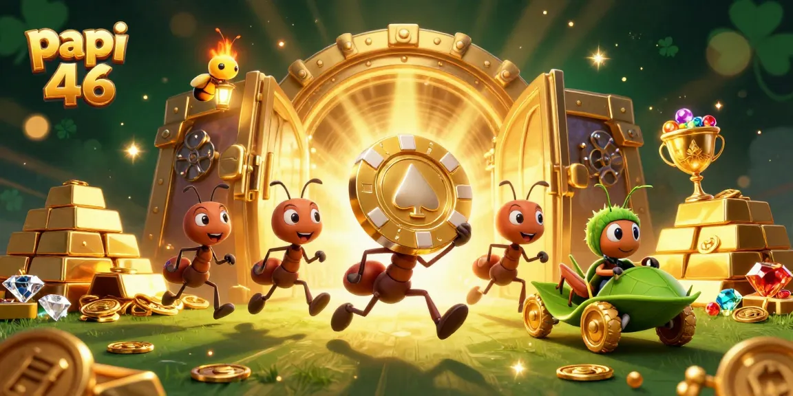 Ant beraksi membawa chip poker besar dengan lampu kunang-kunang terlihat di latar, papi 46 siap menang!