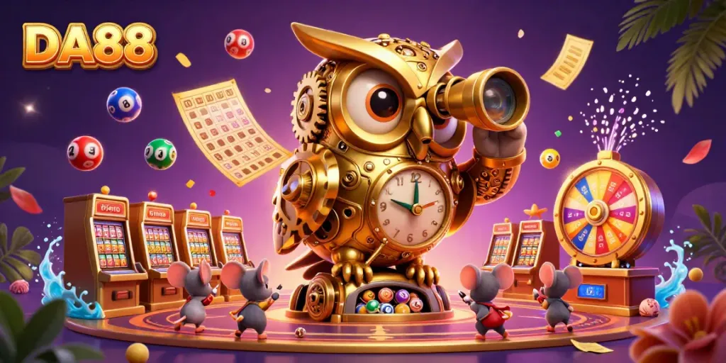 Engage with DA88's vibrant casino world featuring a golden owl and lively slot machines.