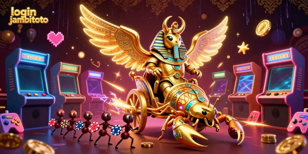 Play games like login jambitoto with enhanced visuals of a golden scarab beetle and vibrant arcade elements.