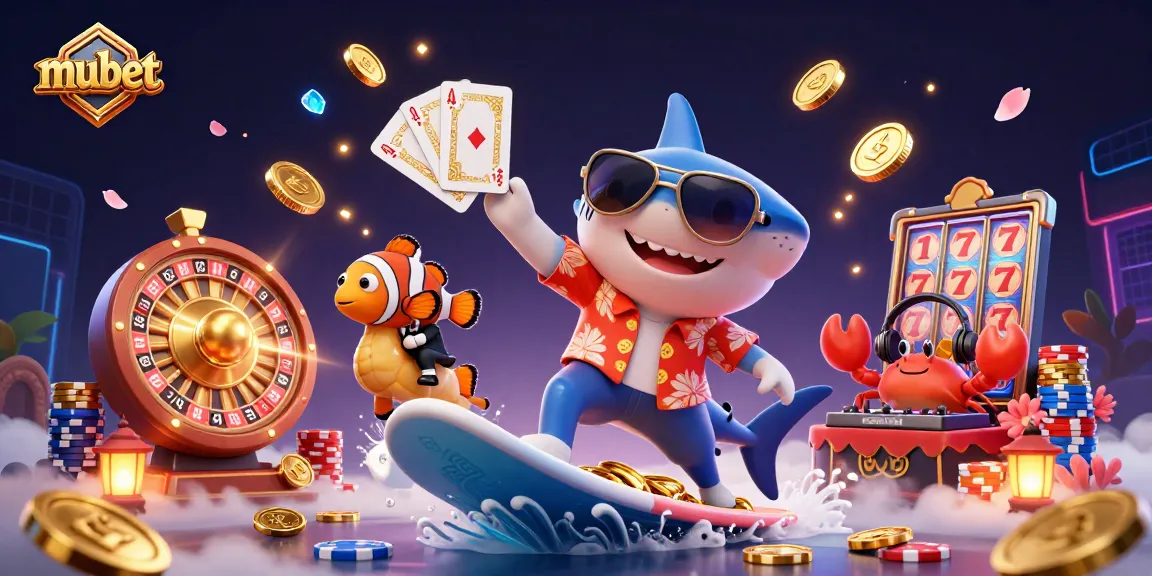 Surf and win with mubet in this vibrant casino scene featuring a shark and colorful marine life.