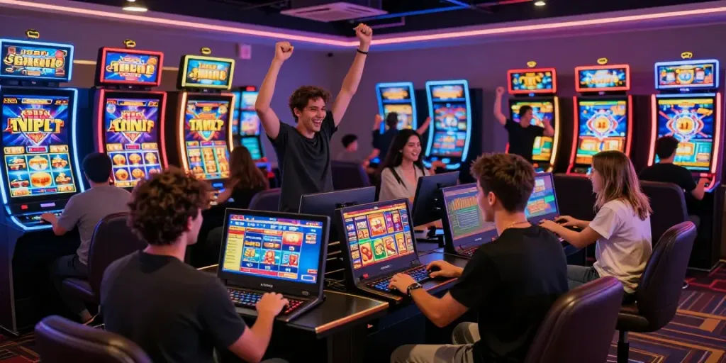 Exciting scene of players enjoying slot gacor games in a modern online casino.