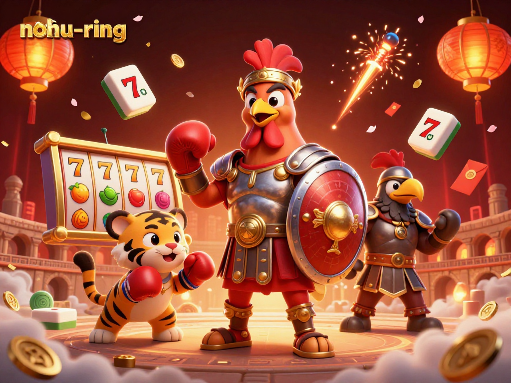 Experience the excitement of nohu-ring with a dynamic 3D scene of a gladiator rooster amidst slot reels and festive decorations.