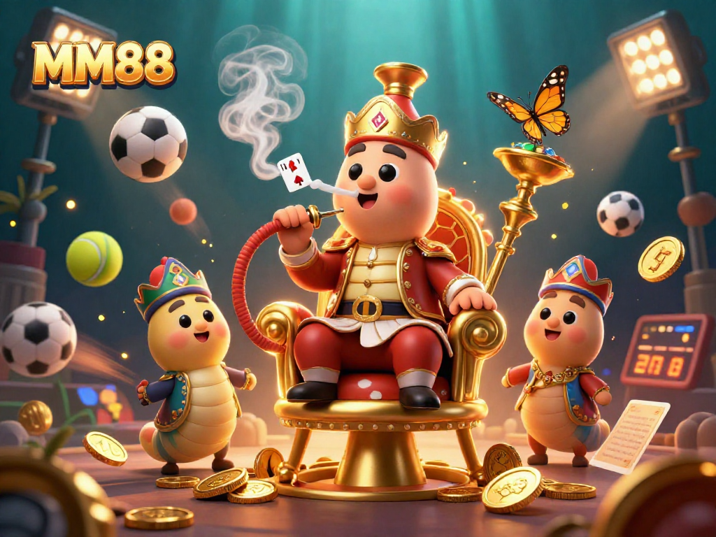 Win big with MM88 in this vibrant, casino-themed 3D scene showcasing thrilling gaming elements.