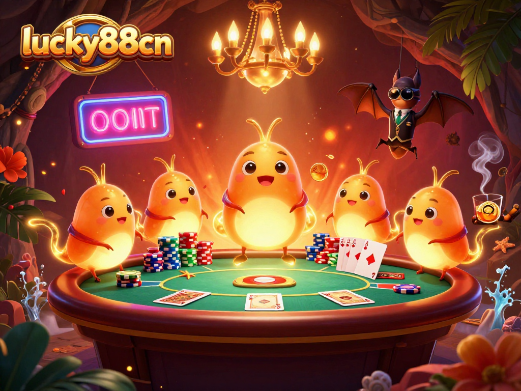 Engage with lucky88cn in a vibrant casino scene filled with animated glowworms and poker excitement.