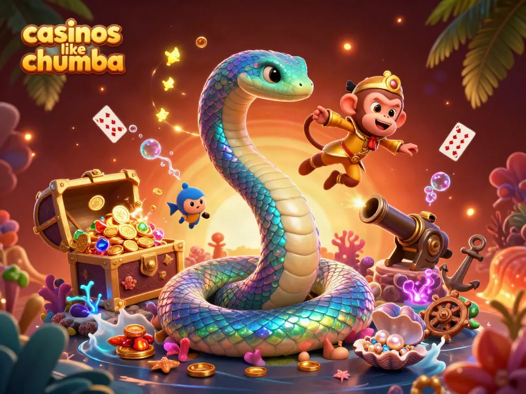 Play games like casinos like chumba, featuring a vibrant 3D scene of a rainbow serpent and monkey king.
