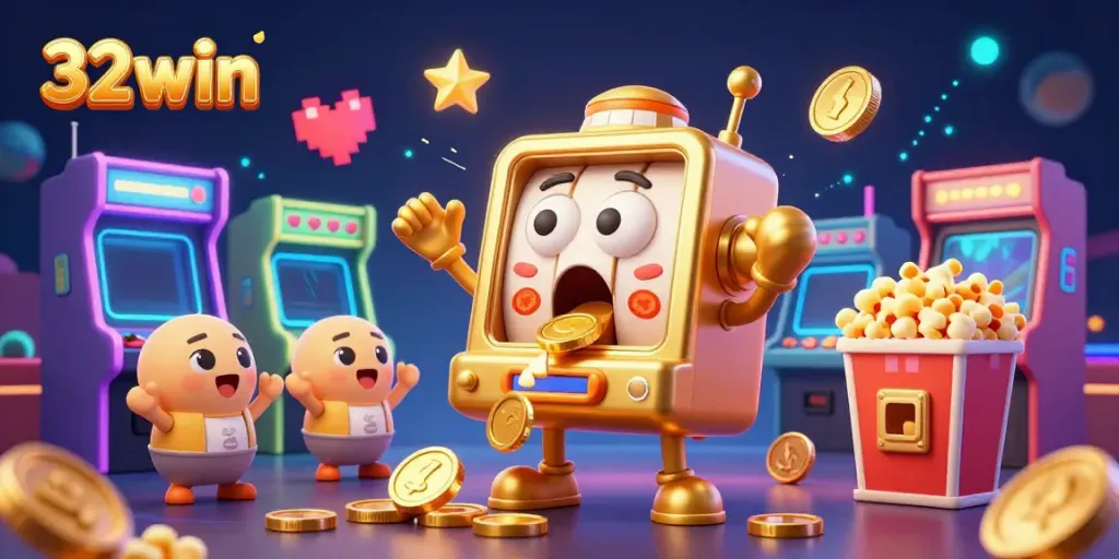 Celebrate wins with the animated 32win slot machine jackpot, surrounded by cheering baby slots and colorful arcade icons.