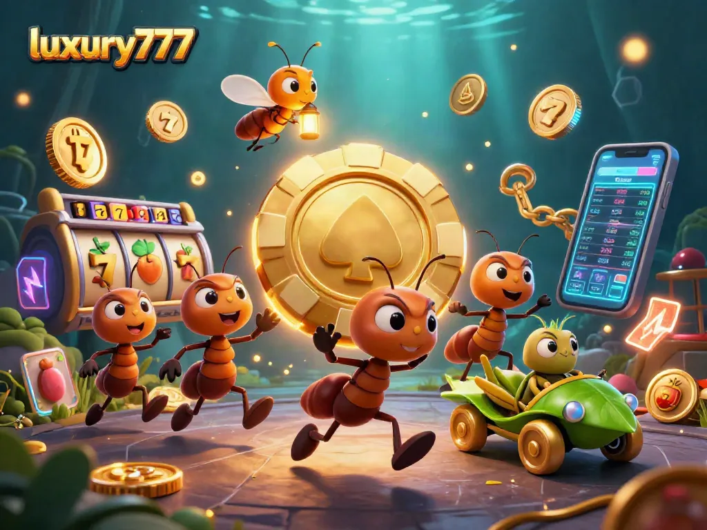 Experience the excitement of luxury777 with a heist scene featuring ants, ships, and vibrant slots.