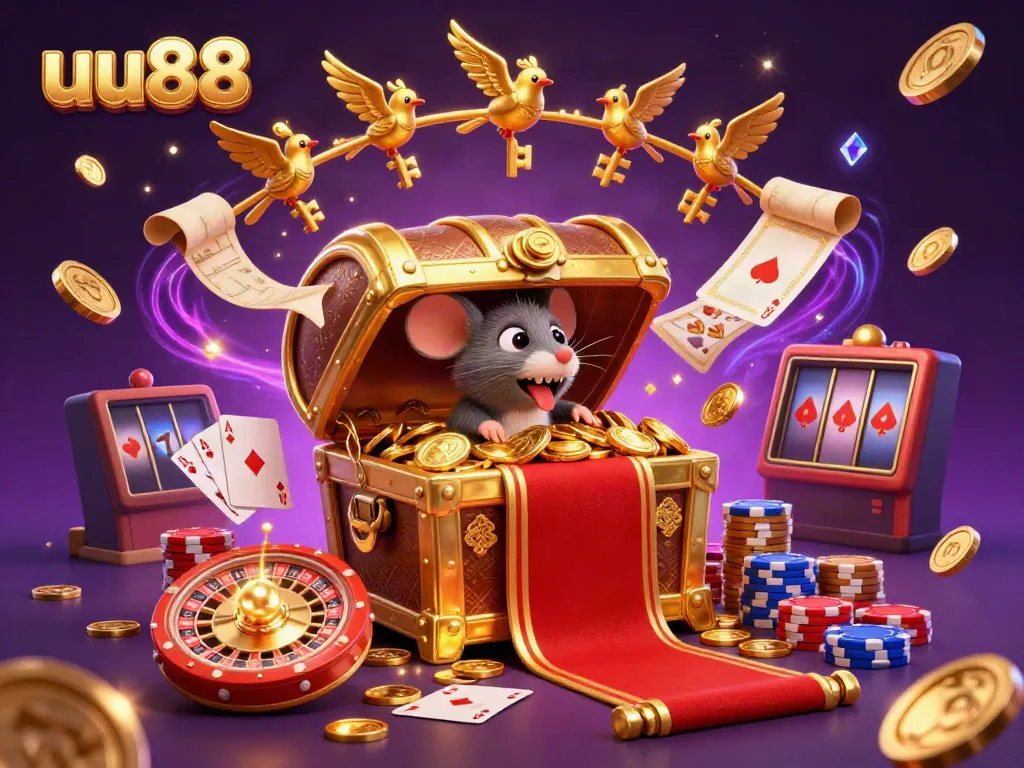 Engage in exciting gameplay at uu88 with a treasure chest lure surrounded by sparkling casino elements.