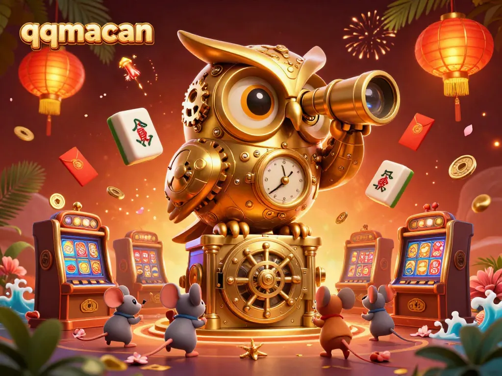 Engage in the qqmacan casino experience with a vibrant owl and playful mice on a bustling floor.