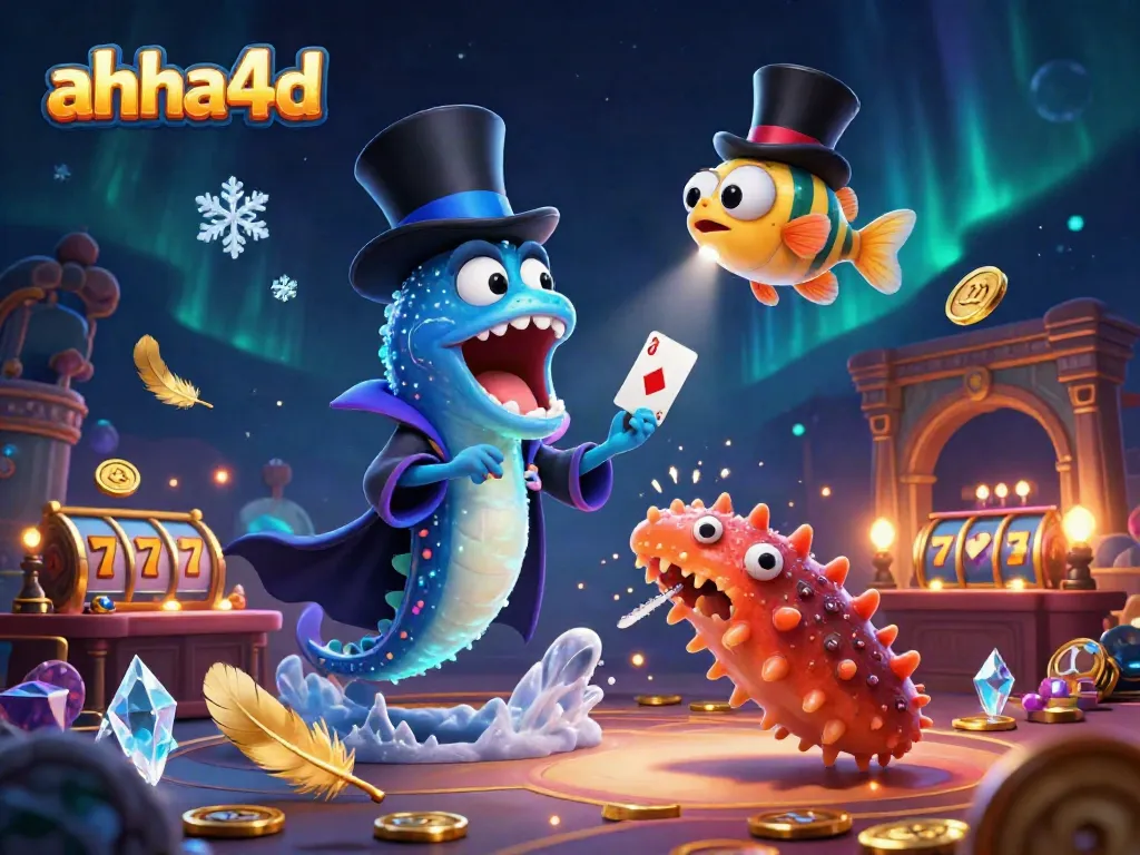 Experience the excitement at ahha4d with a surreal scene of characters performing magical tricks amidst slot games and golden coins.