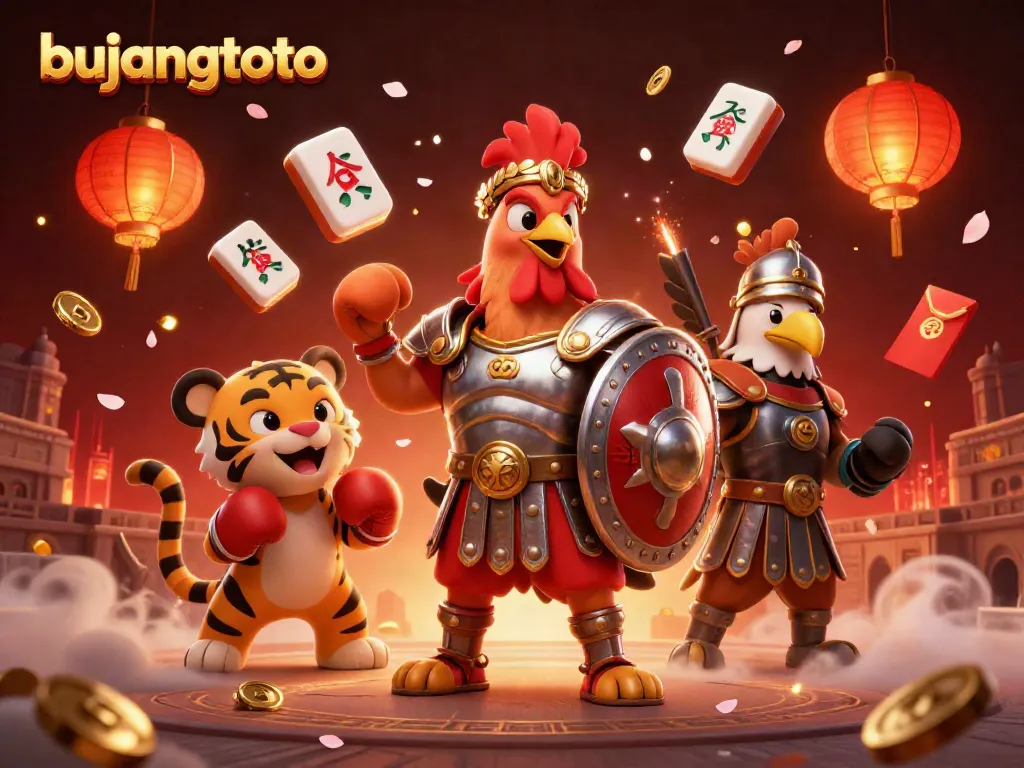 Bujangtoto offers a vibrant scene featuring a gladiator rooster and sparring tiger cub in a bustling online gambling atmosphere.