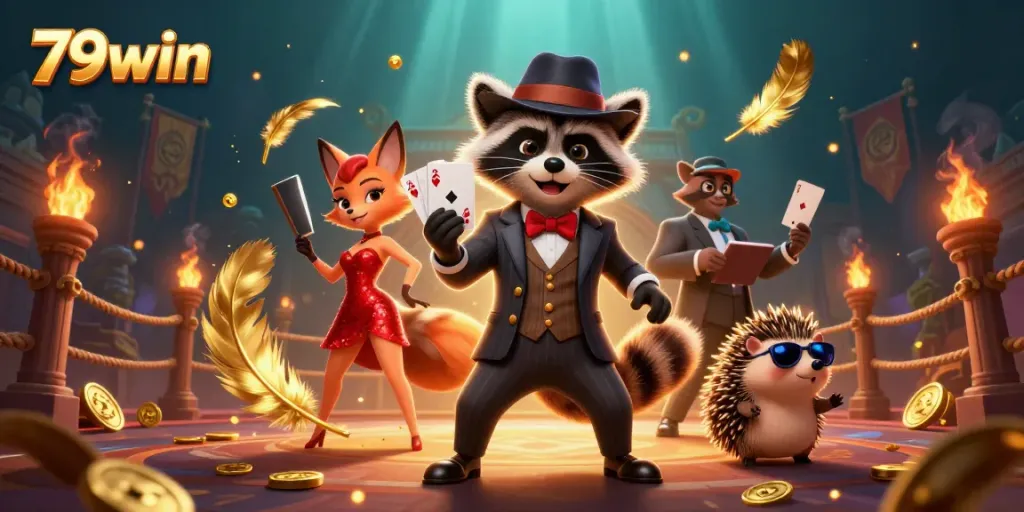 Experience the thrilling action at 79win with a charming raccoon and friends in a vibrant casino scene.
