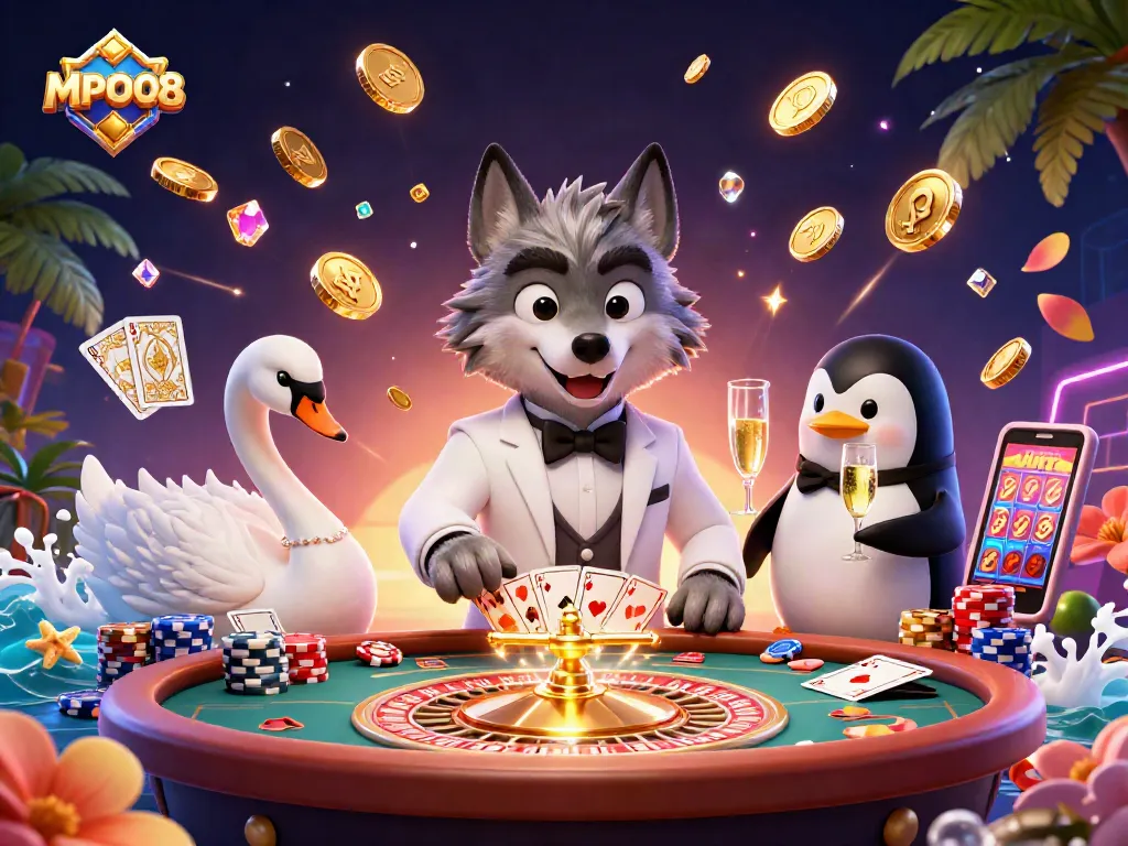 MPO08 showcases a vibrant casino illustration featuring a debonair wolf at a baccarat table, appealing to gambling enthusiasts.