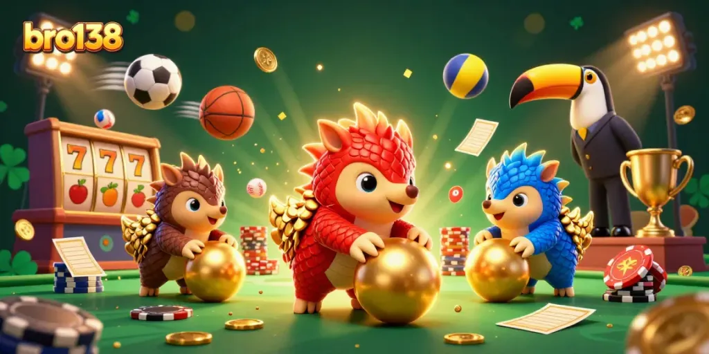 Celebrate wins at bro138 with vibrant pangolins bowling through a colorful casino scene.