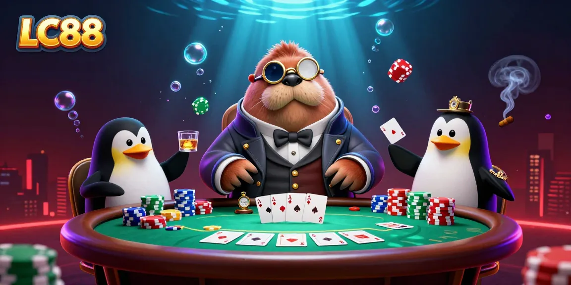 Experience the thrill of LC88 at an underwater poker table with whimsical characters.