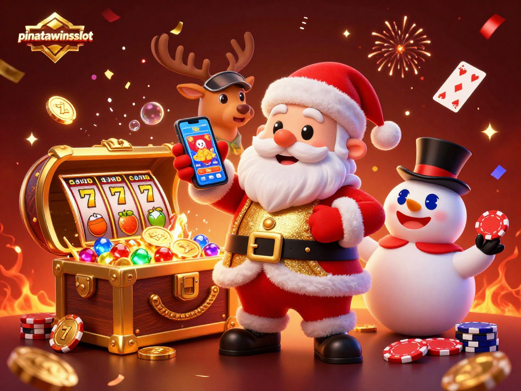 Experience the excitement of pinatawinsslot with Santa and friends amidst falling coins and festive confetti.