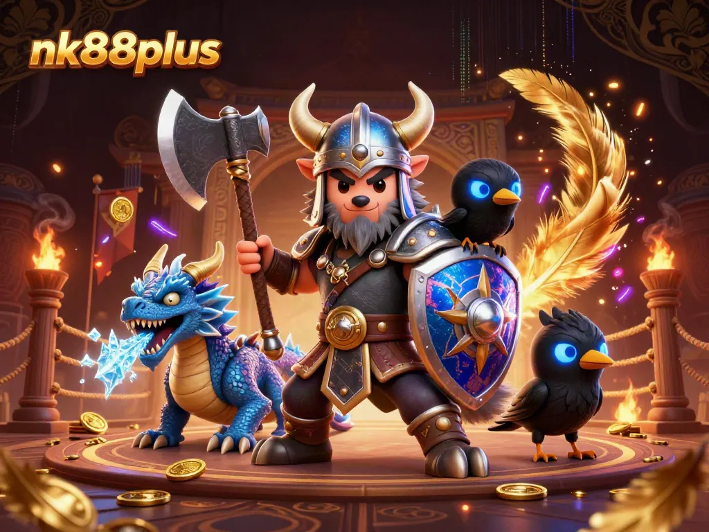 Engage in thrilling gameplay at nk88plus with vibrant casino characters and gold coins swirling around.