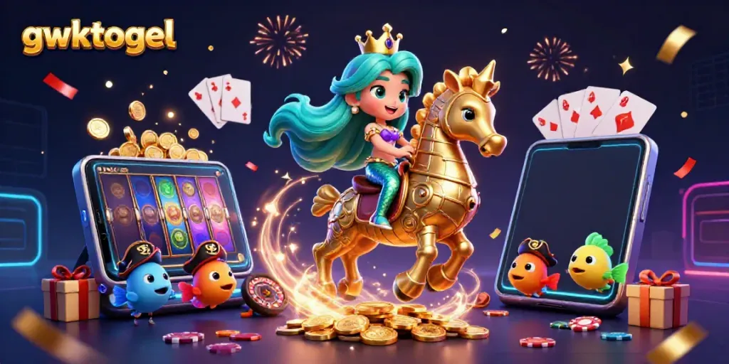 Menghadirkan mermaid gwktogel dengan seahorse emas serta elemen kasino dalam ilustrasi 3D.