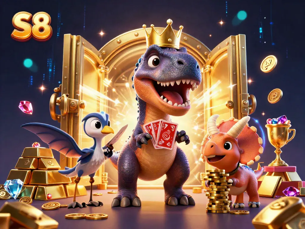 Join the fun at S8 with a friendly T-Rex dealing cards and a baby Triceratops stacking chips in a vibrant casino setting.