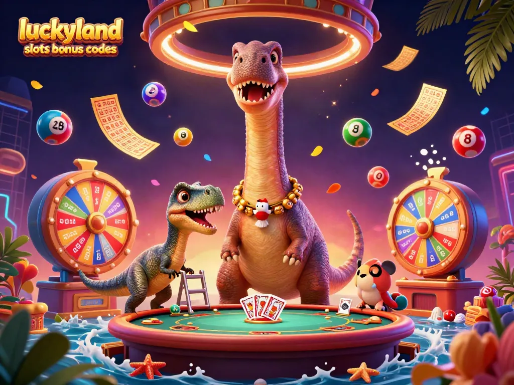 Experience luckyland slots bonus codes with vibrant 3D characters and casino elements in dynamic action.
