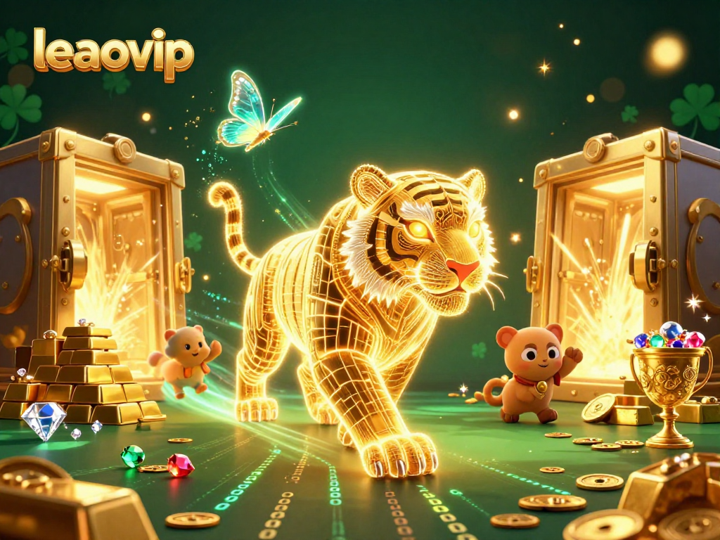 Watch the leaovip golden tiger illuminating a thrilling casino scene filled with treasures and winning chances.
