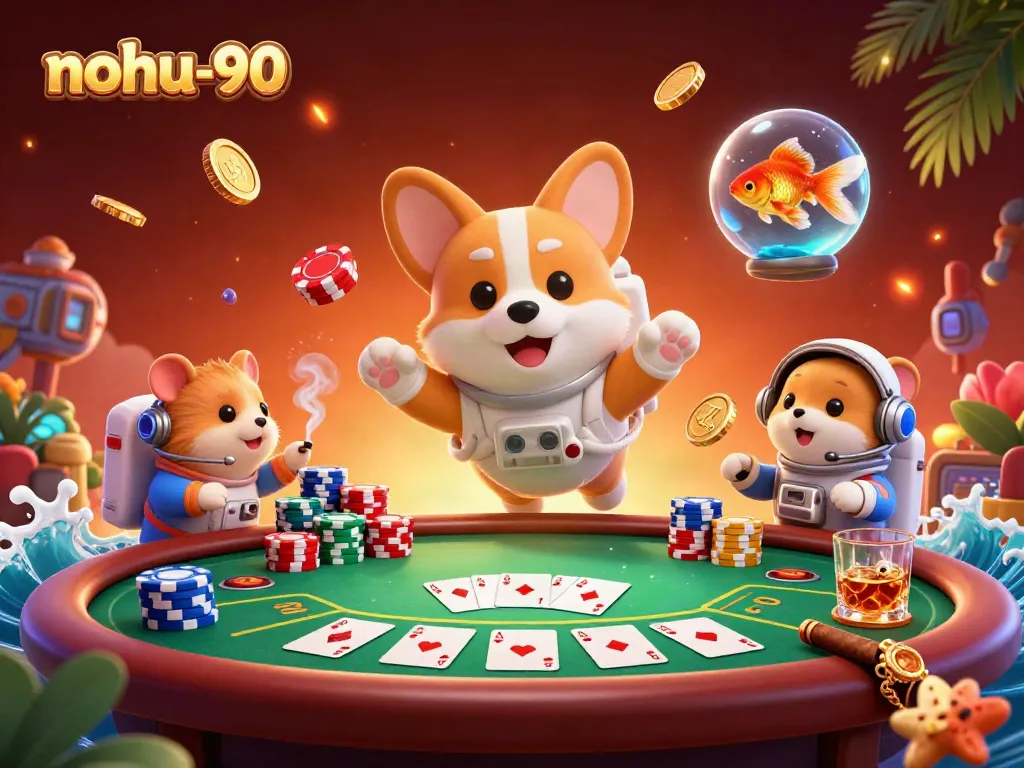 Experience thrilling games at nohu-90 as colorful coins, cards, and characters fill the casino space.