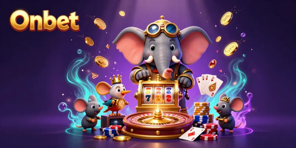 Experience the thrill of Onbet with a steampunk elephant and exciting casino elements.