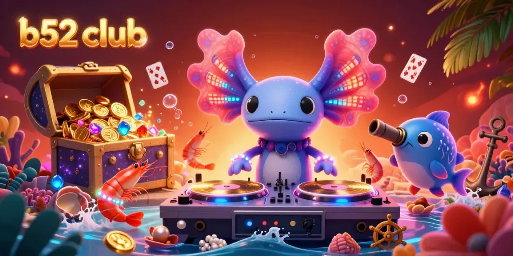 Experience the b52 club's vibrant underwater casino scene with a neon axolotl DJ, dancing shrimp, and dynamic game elements.