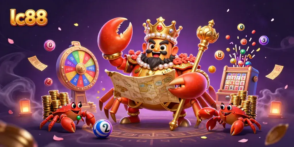Experience the vibrant excitement of lc88 with a golden crab emperor, treasure, and dynamic lottery elements.