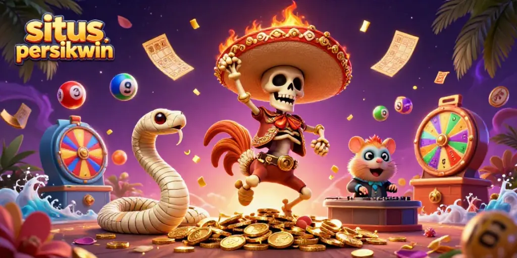 Slot kemenangan di situs persikwin yang dipenuhi karakter kasino animasi.