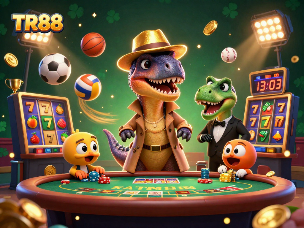 Experience excitement at TR88 with a 3D velociraptor card counter and stegosaurus pit boss in action.