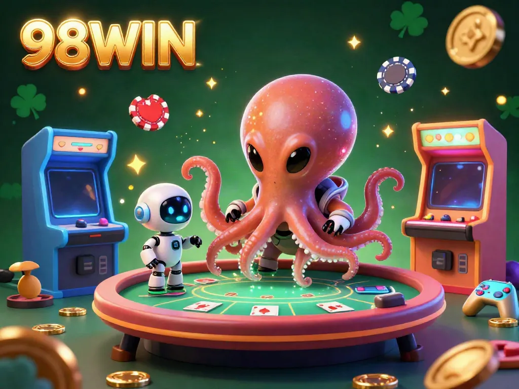 Engage in exciting poker gameplay with 98WIN where an alien octopus manages a holographic table, creating fun moments.