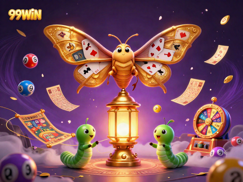 Engage in thrilling casino action with 99WIN's vibrant 3D illustration showcasing games and lottery excitement.