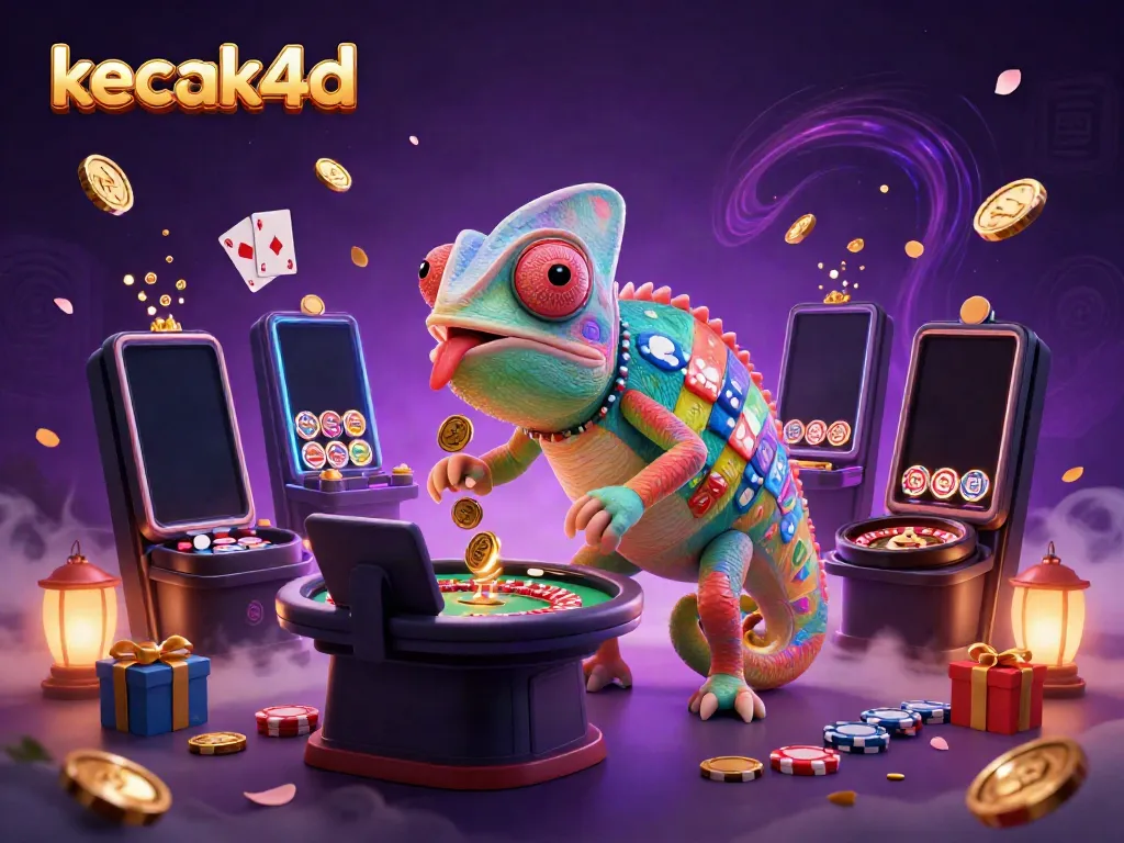 Experience the excitement of kecak4d with a vibrant casino illustration featuring a colorful chameleon and gaming elements.