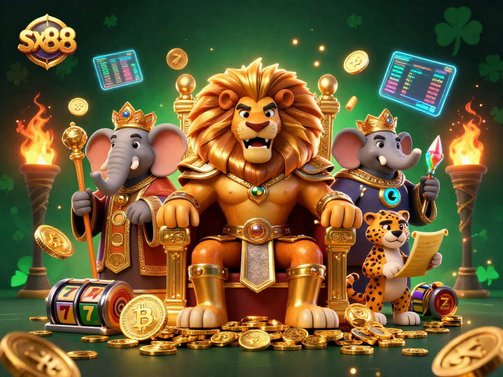 SX88 captures the excitement of slots and coins, showcasing a vibrant casino atmosphere.