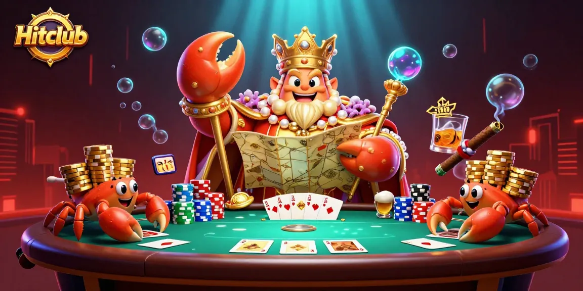 Engage in thrilling gameplay at Hitclub with a golden crab emperor presiding over dramatic poker action.