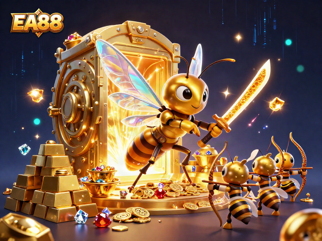 Engage with EA88’s thrilling casino atmosphere featuring a giant hornet samurai amidst gold treasures.