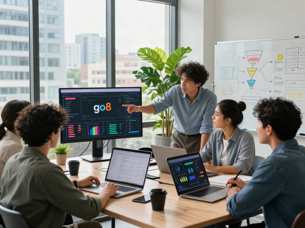 Team of professionals analyzing go8 digital marketing strategies in a modern workspace.